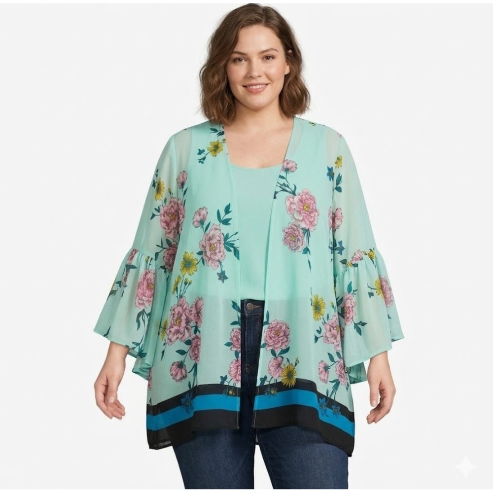 New Lane Bryant size 22/24 Floral Chiffon Flare Sleeve Open Front Feminine Top‎